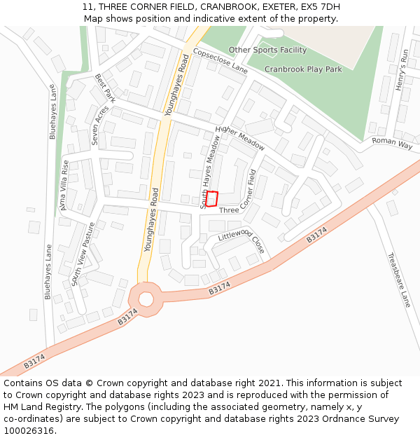 11, THREE CORNER FIELD, CRANBROOK, EXETER, EX5 7DH: Location map and indicative extent of plot