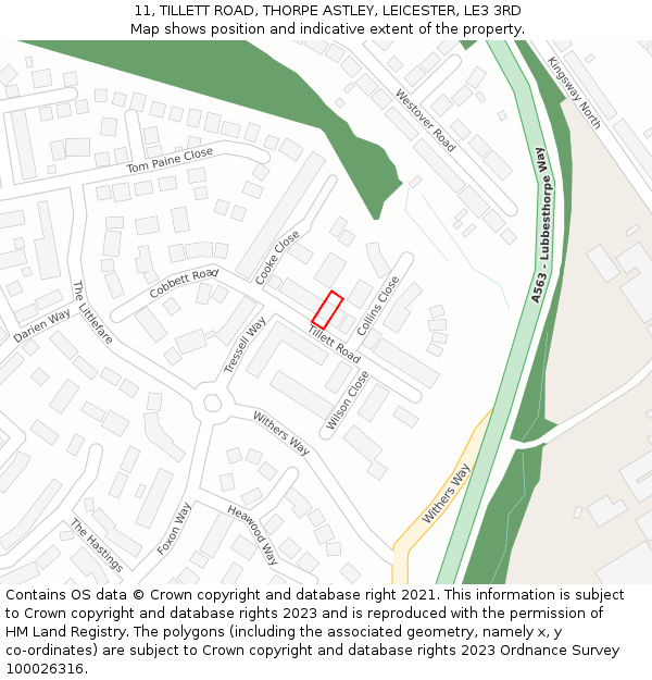 11, TILLETT ROAD, THORPE ASTLEY, LEICESTER, LE3 3RD: Location map and indicative extent of plot