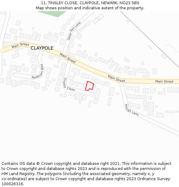 11, TINSLEY CLOSE, CLAYPOLE, NEWARK, NG23 5BS: Location map and indicative extent of plot