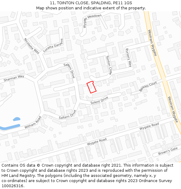 11, TOINTON CLOSE, SPALDING, PE11 1GS: Location map and indicative extent of plot