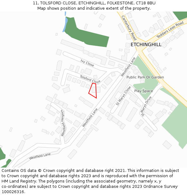 11, TOLSFORD CLOSE, ETCHINGHILL, FOLKESTONE, CT18 8BU: Location map and indicative extent of plot