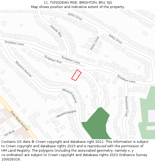 11, TONGDEAN RISE, BRIGHTON, BN1 5JG: Location map and indicative extent of plot
