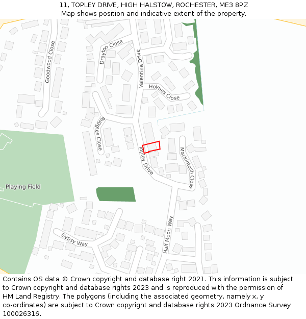11, TOPLEY DRIVE, HIGH HALSTOW, ROCHESTER, ME3 8PZ: Location map and indicative extent of plot