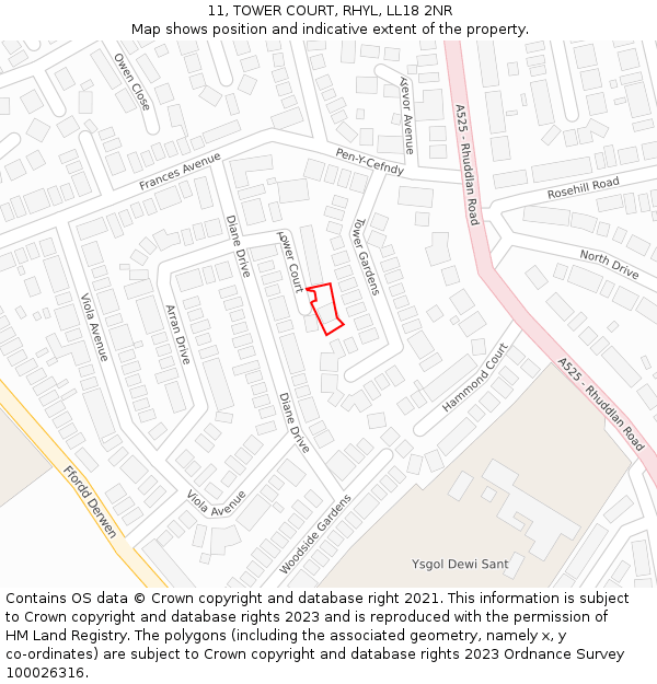 11, TOWER COURT, RHYL, LL18 2NR: Location map and indicative extent of plot