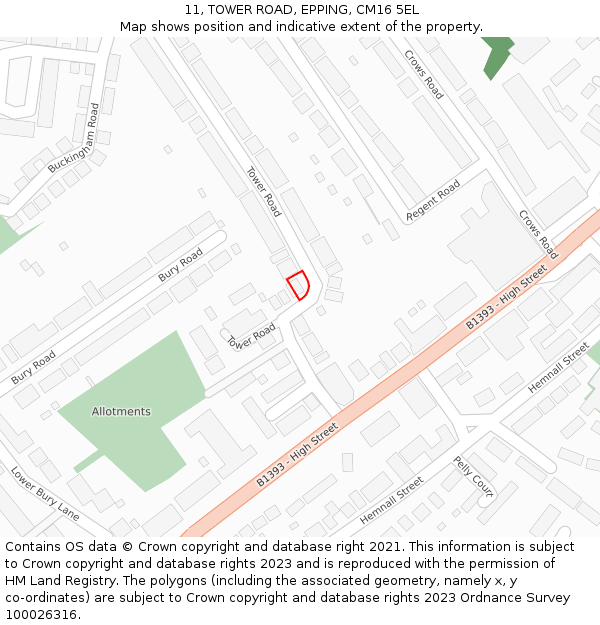 11, TOWER ROAD, EPPING, CM16 5EL: Location map and indicative extent of plot