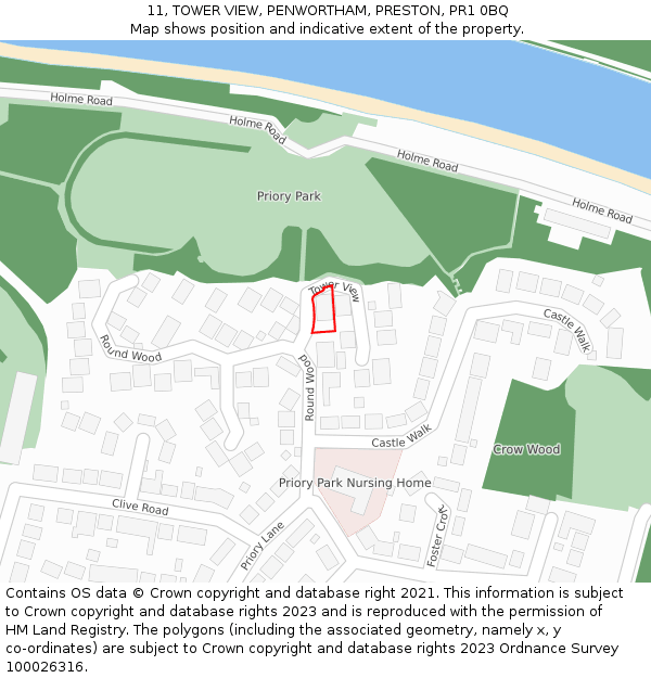 11, TOWER VIEW, PENWORTHAM, PRESTON, PR1 0BQ: Location map and indicative extent of plot