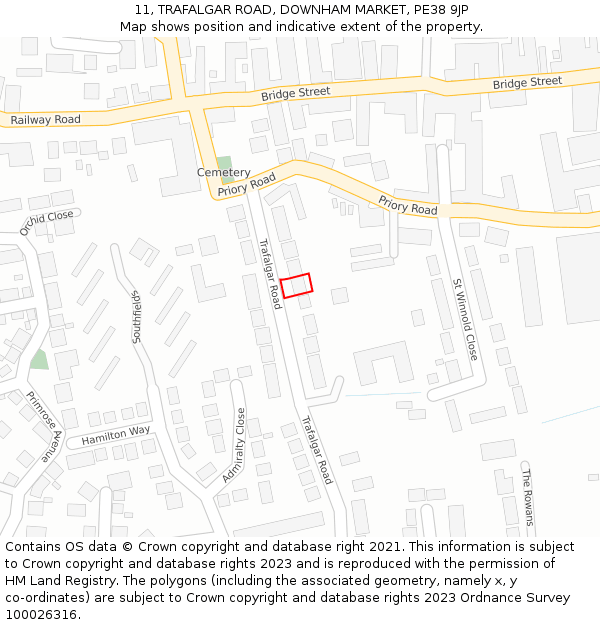 11, TRAFALGAR ROAD, DOWNHAM MARKET, PE38 9JP: Location map and indicative extent of plot