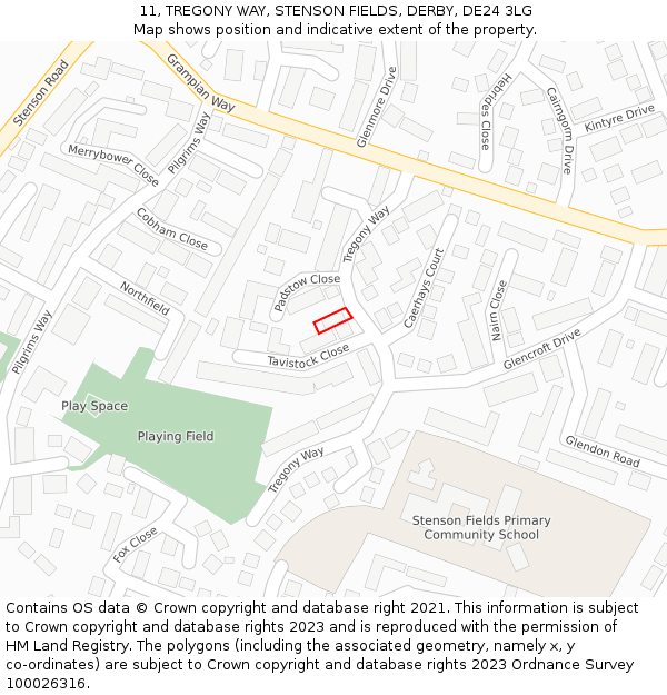 11, TREGONY WAY, STENSON FIELDS, DERBY, DE24 3LG: Location map and indicative extent of plot
