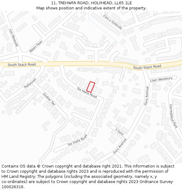 11, TREHWFA ROAD, HOLYHEAD, LL65 1LE: Location map and indicative extent of plot