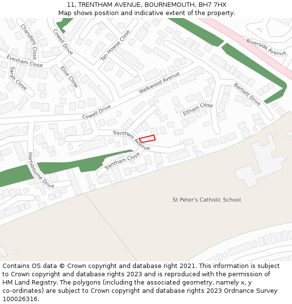 11, TRENTHAM AVENUE, BOURNEMOUTH, BH7 7HX: Location map and indicative extent of plot