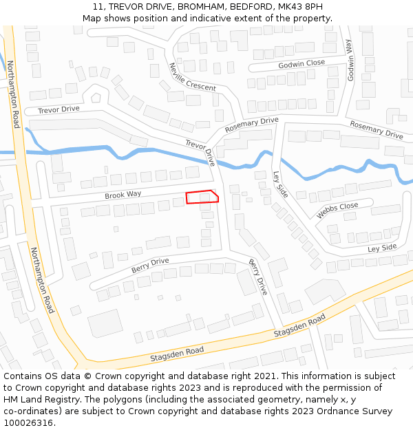 11, TREVOR DRIVE, BROMHAM, BEDFORD, MK43 8PH: Location map and indicative extent of plot