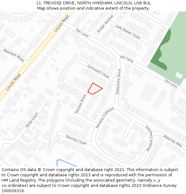 11, TREVOSE DRIVE, NORTH HYKEHAM, LINCOLN, LN6 8UL: Location map and indicative extent of plot