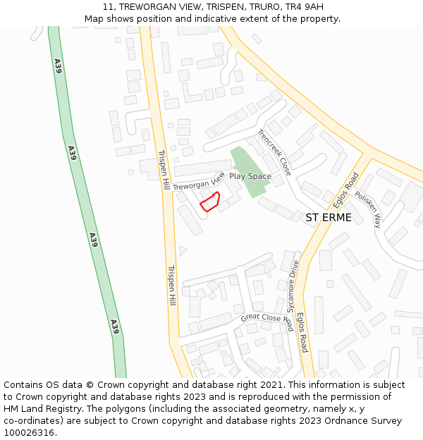 11, TREWORGAN VIEW, TRISPEN, TRURO, TR4 9AH: Location map and indicative extent of plot