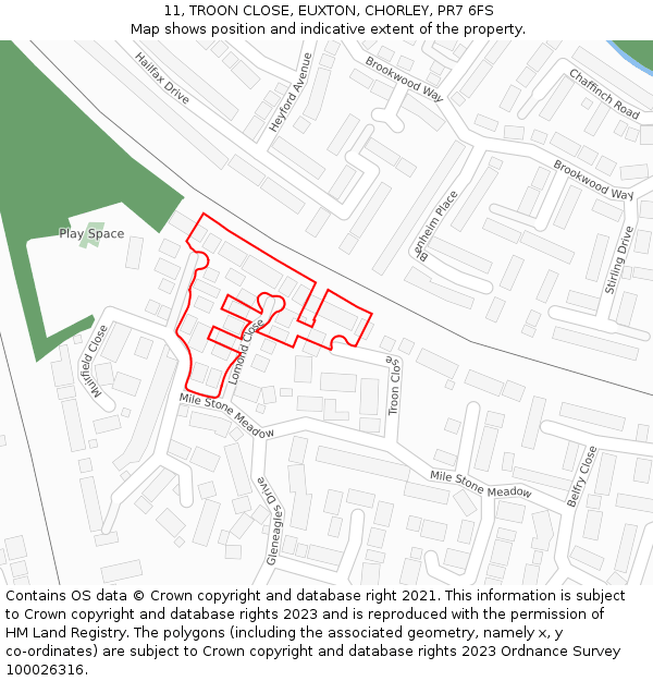 11, TROON CLOSE, EUXTON, CHORLEY, PR7 6FS: Location map and indicative extent of plot