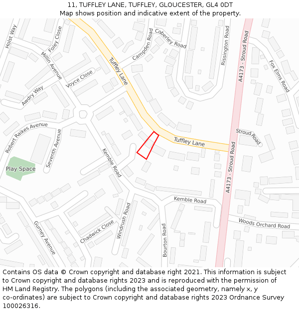 11, TUFFLEY LANE, TUFFLEY, GLOUCESTER, GL4 0DT: Location map and indicative extent of plot