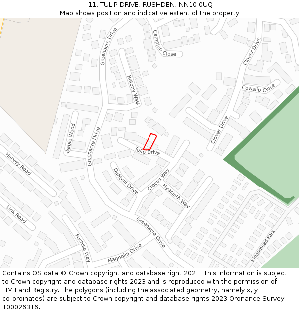 11, TULIP DRIVE, RUSHDEN, NN10 0UQ: Location map and indicative extent of plot