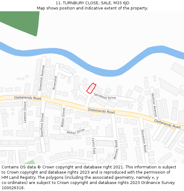 11, TURNBURY CLOSE, SALE, M33 6JD: Location map and indicative extent of plot