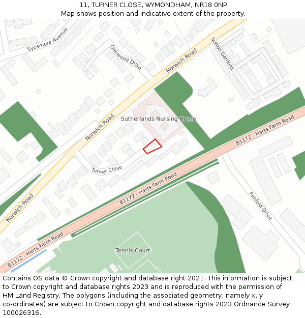 11, TURNER CLOSE, WYMONDHAM, NR18 0NP: Location map and indicative extent of plot