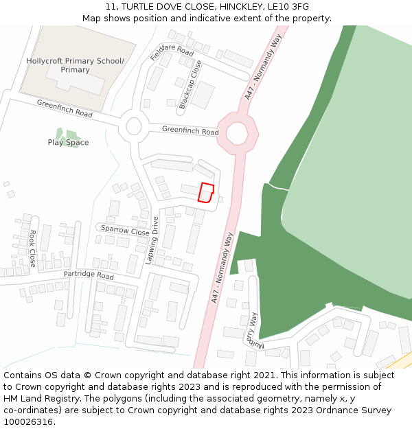 11, TURTLE DOVE CLOSE, HINCKLEY, LE10 3FG: Location map and indicative extent of plot