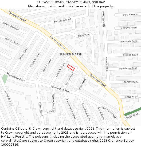 11, TWYZEL ROAD, CANVEY ISLAND, SS8 8AX: Location map and indicative extent of plot