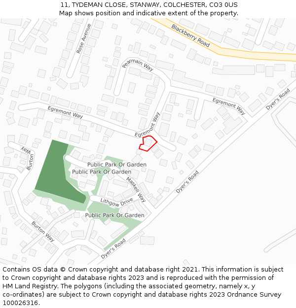 11, TYDEMAN CLOSE, STANWAY, COLCHESTER, CO3 0US: Location map and indicative extent of plot