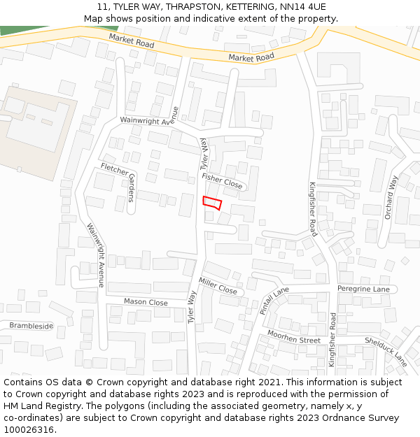 11, TYLER WAY, THRAPSTON, KETTERING, NN14 4UE: Location map and indicative extent of plot