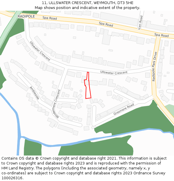 11, ULLSWATER CRESCENT, WEYMOUTH, DT3 5HE: Location map and indicative extent of plot