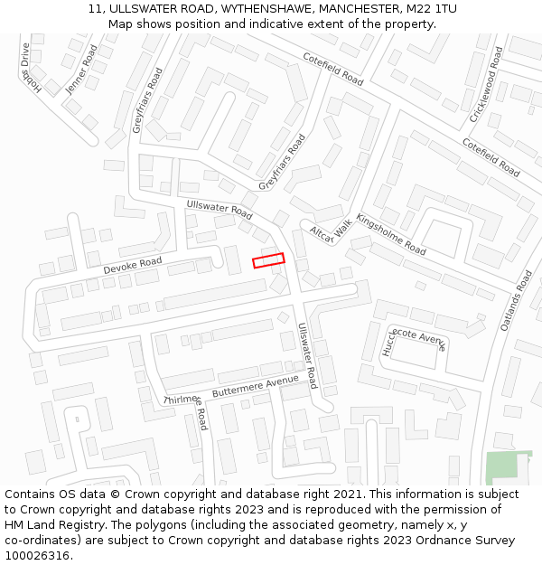 11, ULLSWATER ROAD, WYTHENSHAWE, MANCHESTER, M22 1TU: Location map and indicative extent of plot