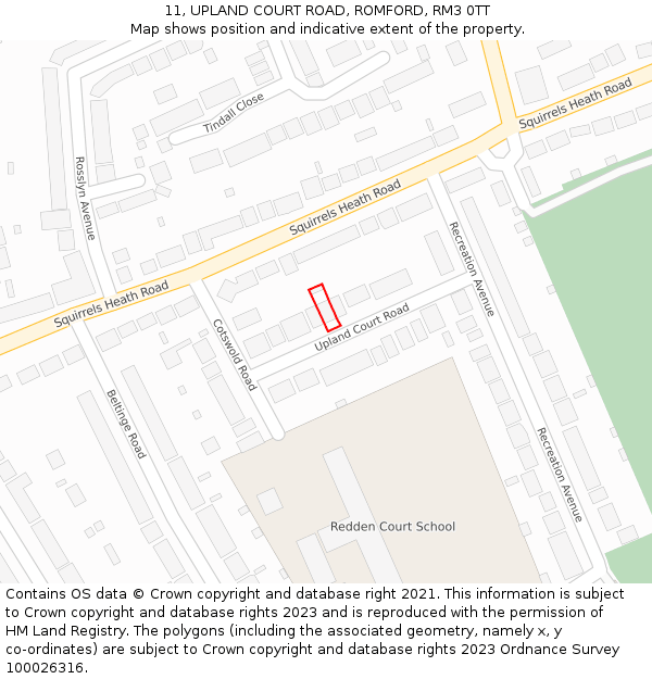 11, UPLAND COURT ROAD, ROMFORD, RM3 0TT: Location map and indicative extent of plot