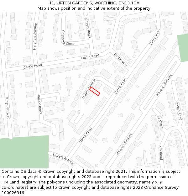 11, UPTON GARDENS, WORTHING, BN13 1DA: Location map and indicative extent of plot