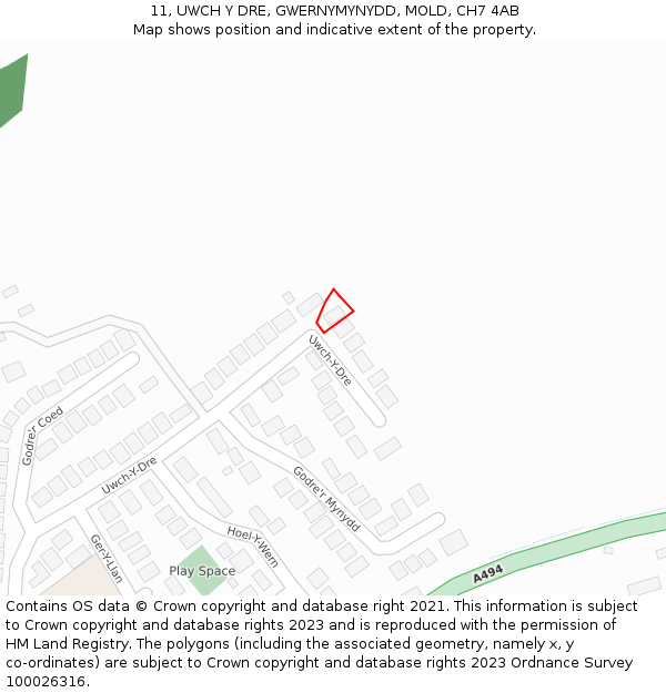 11, UWCH Y DRE, GWERNYMYNYDD, MOLD, CH7 4AB: Location map and indicative extent of plot
