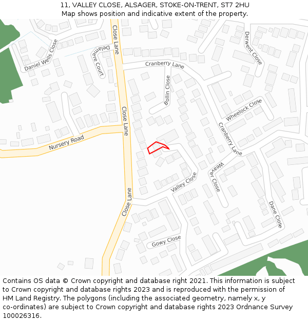 11, VALLEY CLOSE, ALSAGER, STOKE-ON-TRENT, ST7 2HU: Location map and indicative extent of plot