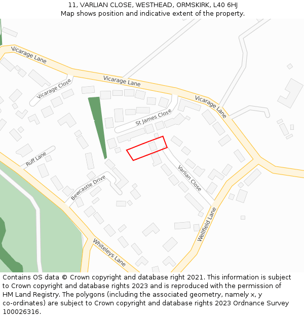 11, VARLIAN CLOSE, WESTHEAD, ORMSKIRK, L40 6HJ: Location map and indicative extent of plot