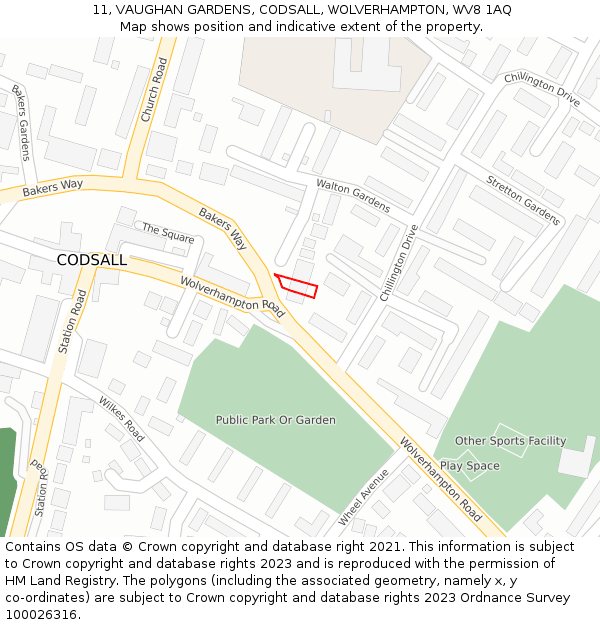 11, VAUGHAN GARDENS, CODSALL, WOLVERHAMPTON, WV8 1AQ: Location map and indicative extent of plot