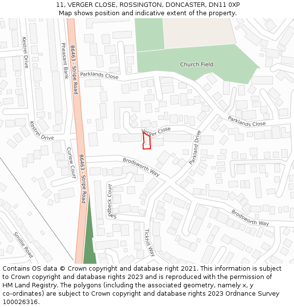 11, VERGER CLOSE, ROSSINGTON, DONCASTER, DN11 0XP: Location map and indicative extent of plot