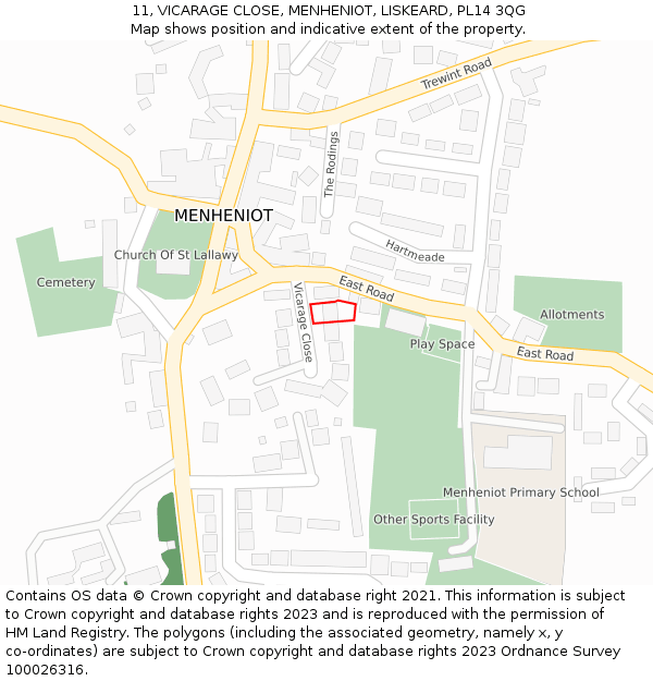 11, VICARAGE CLOSE, MENHENIOT, LISKEARD, PL14 3QG: Location map and indicative extent of plot