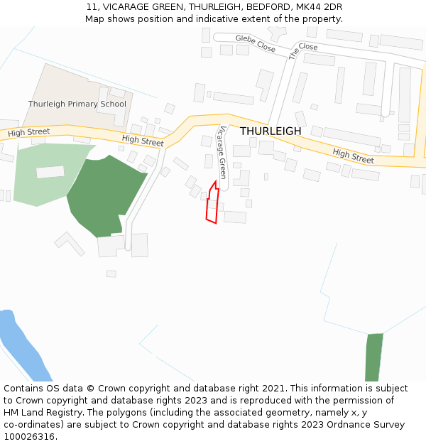 11, VICARAGE GREEN, THURLEIGH, BEDFORD, MK44 2DR: Location map and indicative extent of plot