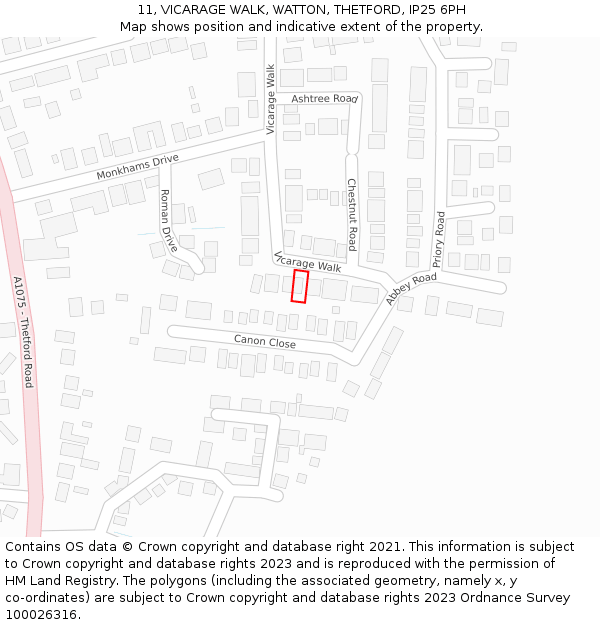 11, VICARAGE WALK, WATTON, THETFORD, IP25 6PH: Location map and indicative extent of plot