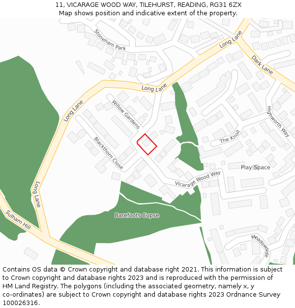 11, VICARAGE WOOD WAY, TILEHURST, READING, RG31 6ZX: Location map and indicative extent of plot