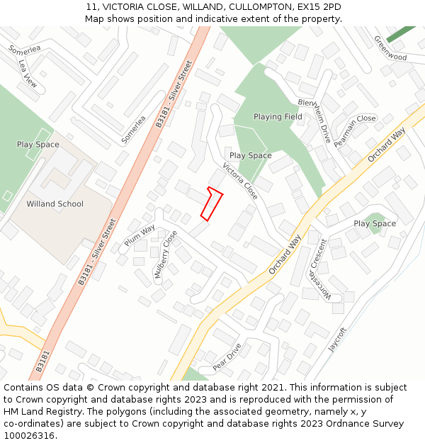 11, VICTORIA CLOSE, WILLAND, CULLOMPTON, EX15 2PD: Location map and indicative extent of plot