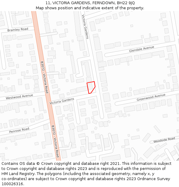 11, VICTORIA GARDENS, FERNDOWN, BH22 9JQ: Location map and indicative extent of plot