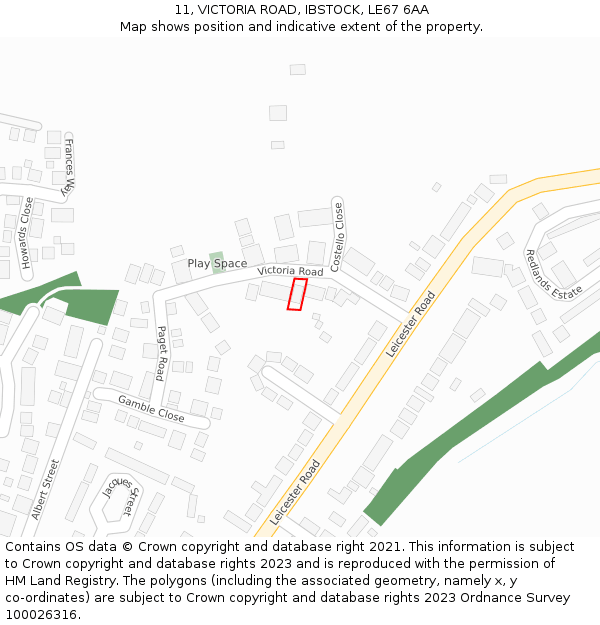 11, VICTORIA ROAD, IBSTOCK, LE67 6AA: Location map and indicative extent of plot