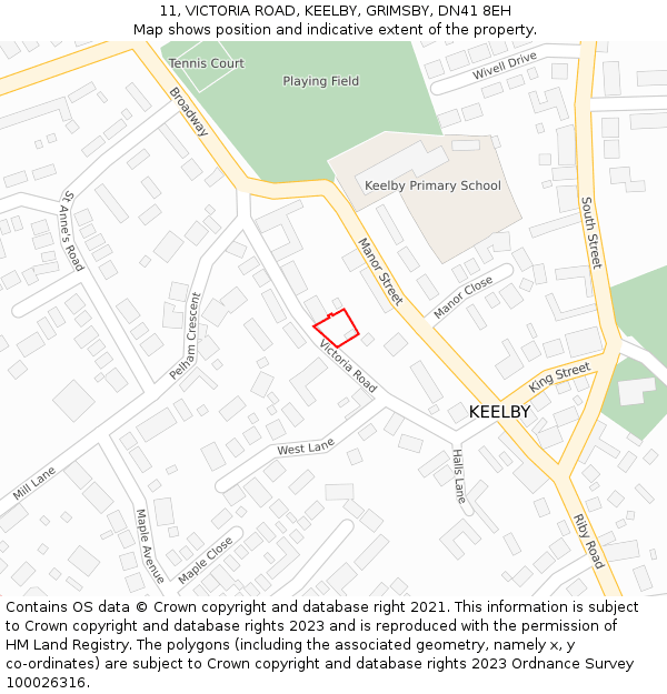 11, VICTORIA ROAD, KEELBY, GRIMSBY, DN41 8EH: Location map and indicative extent of plot