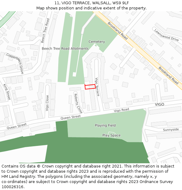 11, VIGO TERRACE, WALSALL, WS9 9LF: Location map and indicative extent of plot