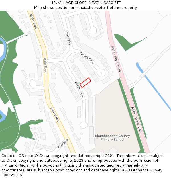 11, VILLAGE CLOSE, NEATH, SA10 7TE: Location map and indicative extent of plot