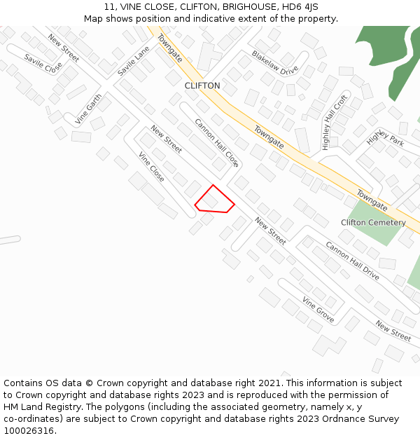 11, VINE CLOSE, CLIFTON, BRIGHOUSE, HD6 4JS: Location map and indicative extent of plot