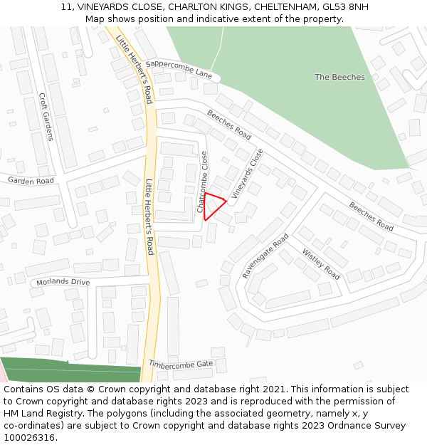 11, VINEYARDS CLOSE, CHARLTON KINGS, CHELTENHAM, GL53 8NH: Location map and indicative extent of plot