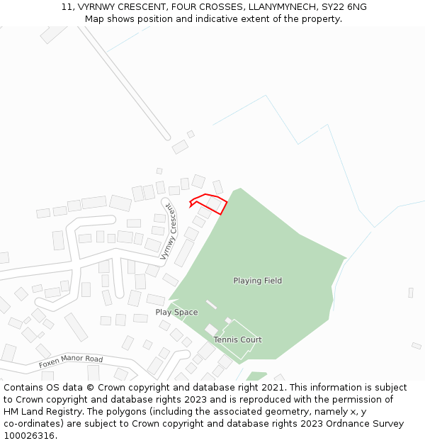 11, VYRNWY CRESCENT, FOUR CROSSES, LLANYMYNECH, SY22 6NG: Location map and indicative extent of plot