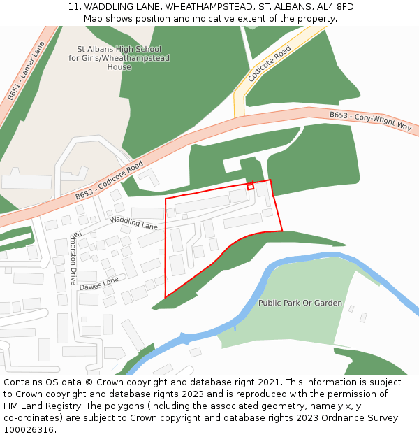 11, WADDLING LANE, WHEATHAMPSTEAD, ST. ALBANS, AL4 8FD: Location map and indicative extent of plot