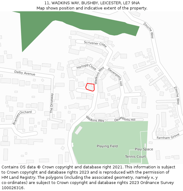 11, WADKINS WAY, BUSHBY, LEICESTER, LE7 9NA: Location map and indicative extent of plot